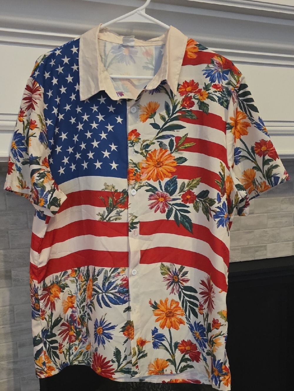 Men's Floral American Flag Short-Sleeve Shirt - Red/Blue/White